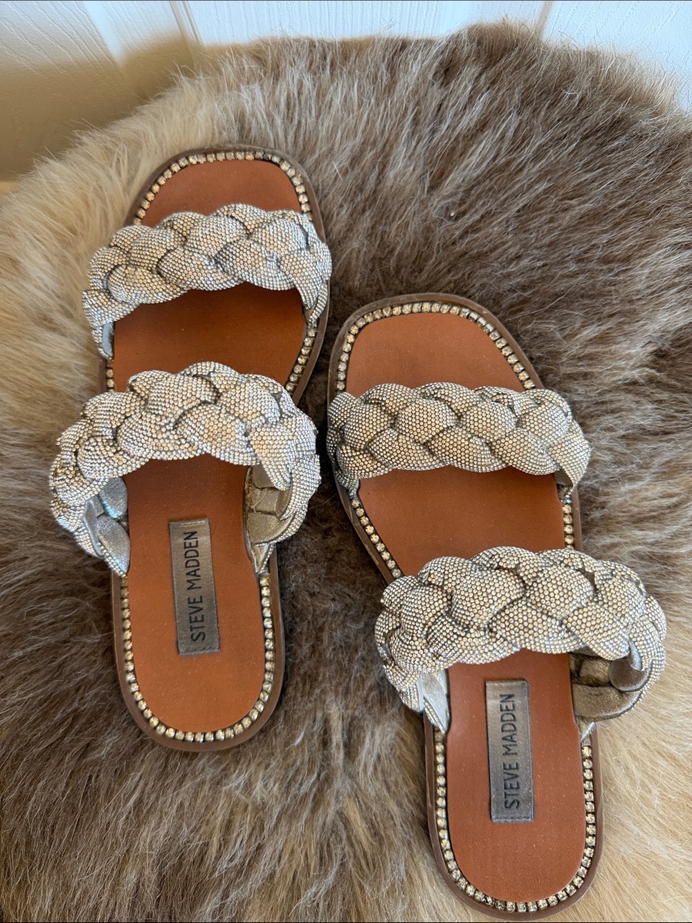 Steve Madden Braided Crystal-Embellished Silver Slide Sandals